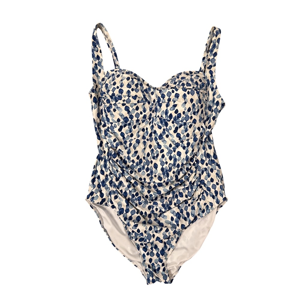 Nip Tuck Swim One Piece Women Size 12 Blue White Ruched Leaf Print Swimsuit